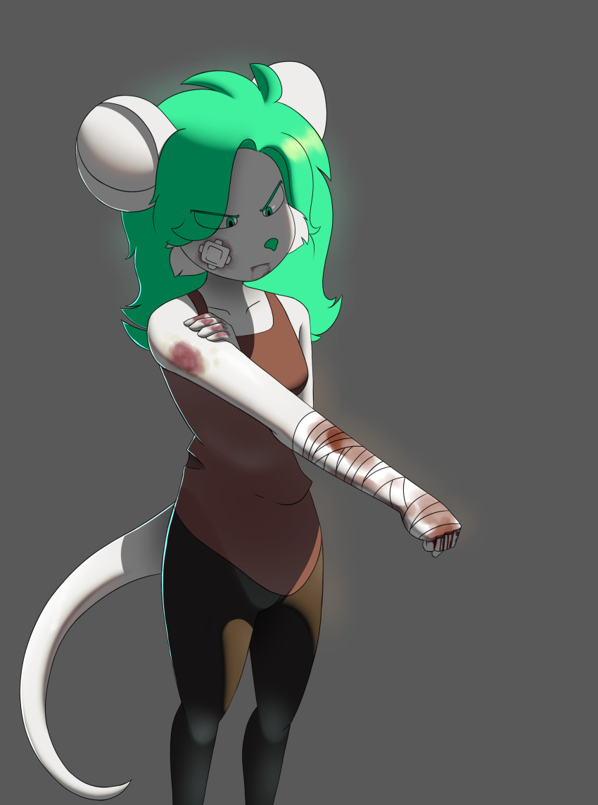 absurd_res anthro artesderatzyu band-aid bandage bandaged_arm blood_on_bandage clothing female frown fur green_eyes green_hair hair hi_res mammal mouse murid murine rodent solo white_body white_fur wounded