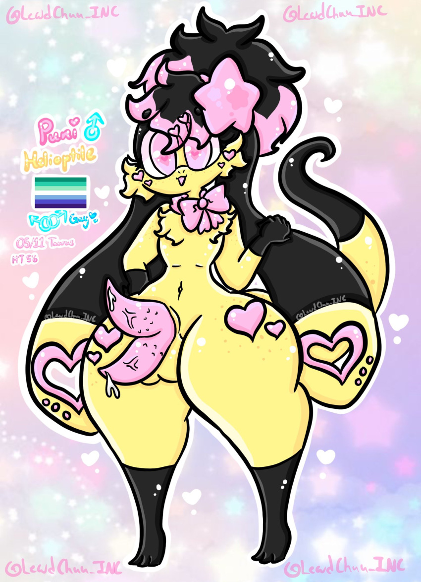 &lt;3 2_penises accessory anthro balls black_hair bodily_fluids cum generation_6_pokemon genital_fluids genitals girly hair helioptile hi_res lewdchuu_(artist) long_ears male multi_genitalia multi_penis nintendo penis pink_eyes pokemon pokemon_(species) puni_(lewdchuu) solo star tail vein veiny_penis yellow_body