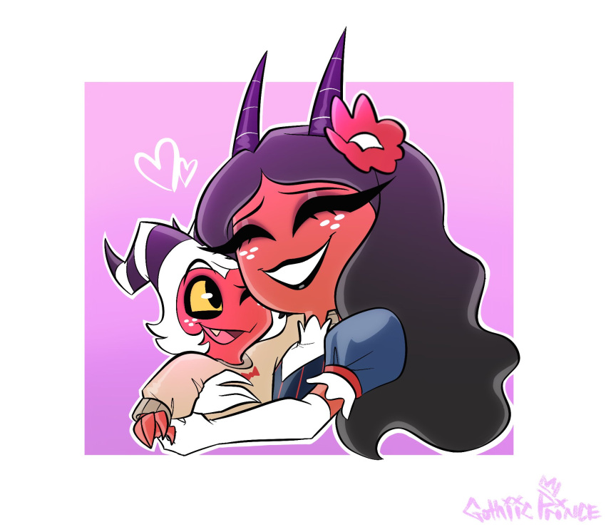 &lt;3 duo embrace female gothiicprince grey_hair hair helluva_boss hi_res horn hug imp long_hair male mother mother_and_child mother_and_son moxxie's_mother moxxie_(helluva_boss) parent parent_and_child pink_background red_body red_skin simple_background smile son white_background yellow_eyes