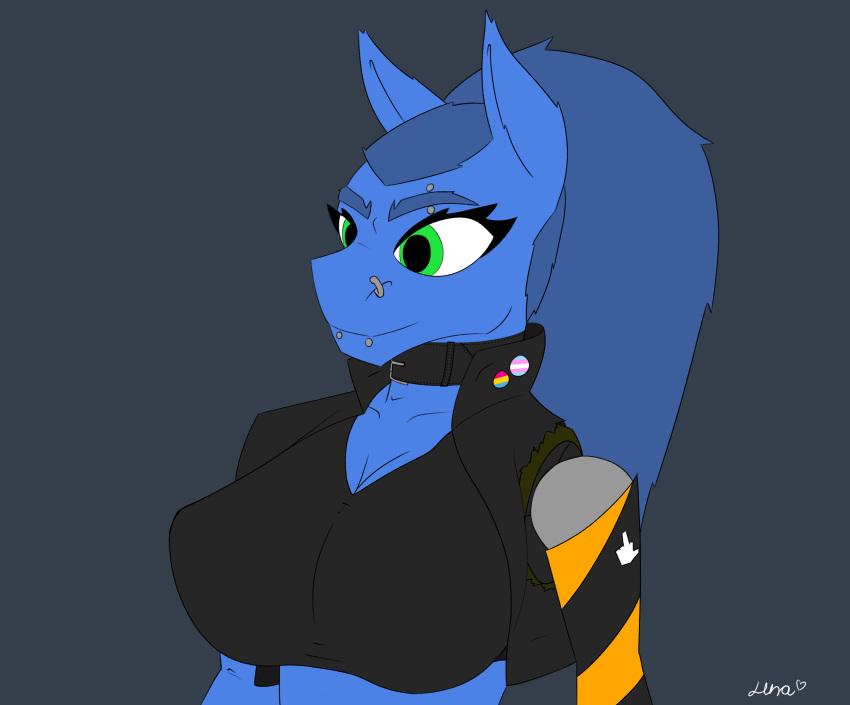 2023 animal_humanoid anthro athletic athletic_female big_breasts black_clothing blue_body blue_fur blue_hair breasts bust_portrait choker clothed clothing crop_top cropped_jacket digital_drawing_(artwork) digital_media_(artwork) equid equid_humanoid equine equine_humanoid eyebrow_piercing facial_piercing female flat_colors fur green_eyes gynomorph hair hi_res horse horse_humanoid humanoid intersex jacket jewelry lip_piercing luna_moonshine luna_moonshine(luna) mammal mammal_humanoid necklace nose_piercing piercing ponytail portrait prosthetic prosthetic_arm prosthetic_limb shirt signature simple_background snakebite_piercing solo topwear torn_clothing trans_(lore) trans_woman_(lore)