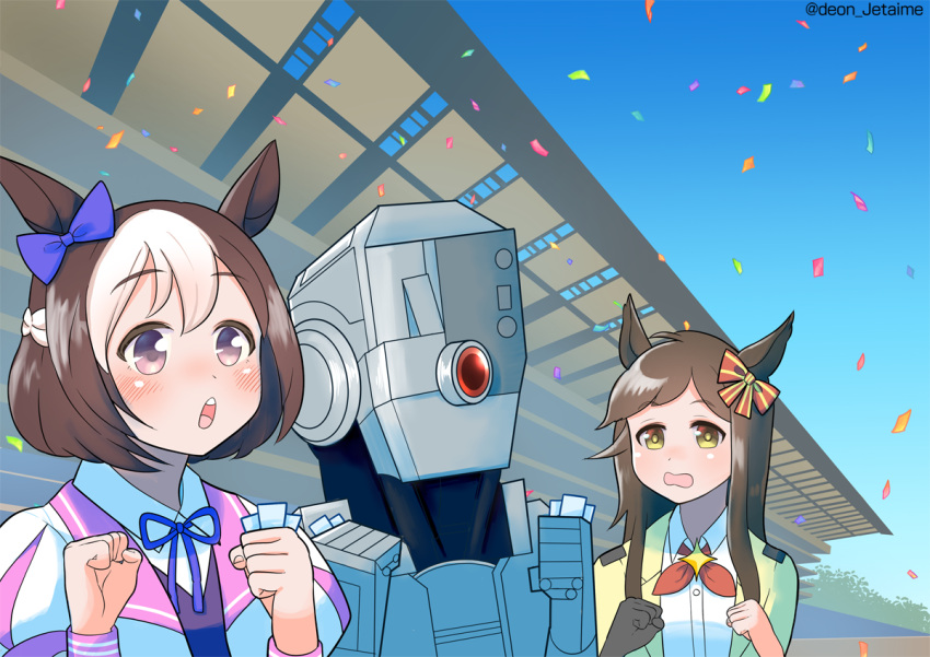 2girls animal_ears betting_ticket black_gloves bow braid brown_eyes brown_hair buena_vista_(umamusume) clenched_hands commentary_request confetti deon_(jetaime) ear_bow french_braid gloves gradient_eyes hair_between_eyes horse_ears horse_girl horse_racing_track long_hair looking_up multicolored_eyes multicolored_hair multiple_girls neck_ribbon neckerchief open_mouth outdoors purple_bow purple_eyes purple_ribbon red_bow red_neckerchief ribbon robot short_hair sidelocks single_glove special_week_(umamusume) star_ornament striped striped_bow toda_(tough) tough twitter_username two-tone_bow two-tone_hair umamusume white_hair yellow_eyes
