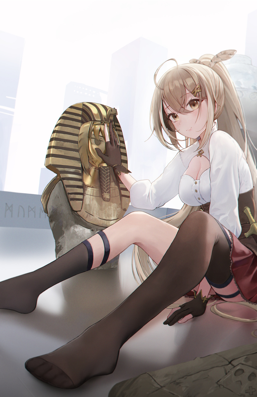 1girl absurdres ahoge asymmetrical_legwear belt boros_(ouro_kronii) brown_corset brown_eyes brown_hair building city cleavage_cutout clothing_cutout corset crossed_bangs dagger feather_hair_ornament feathers fingernails fog friend_(nanashi_mumei) gloves hair_ornament hairclip highres hololive hololive_english knee_strap kneehighs knife long_hair looking_at_viewer multicolored_hair nanashi_mumei objectification ouro_kronii partially_fingerless_gloves pleated_skirt ponytail red_skirt runes shirt single_kneehigh single_sock single_thighhigh skirt skyscraper smile socks sphinx statue stone_tablet streaked_hair thigh_strap thighhighs very_long_hair virtual_youtuber weapon wei_hua_(vlad_3) white_shirt
