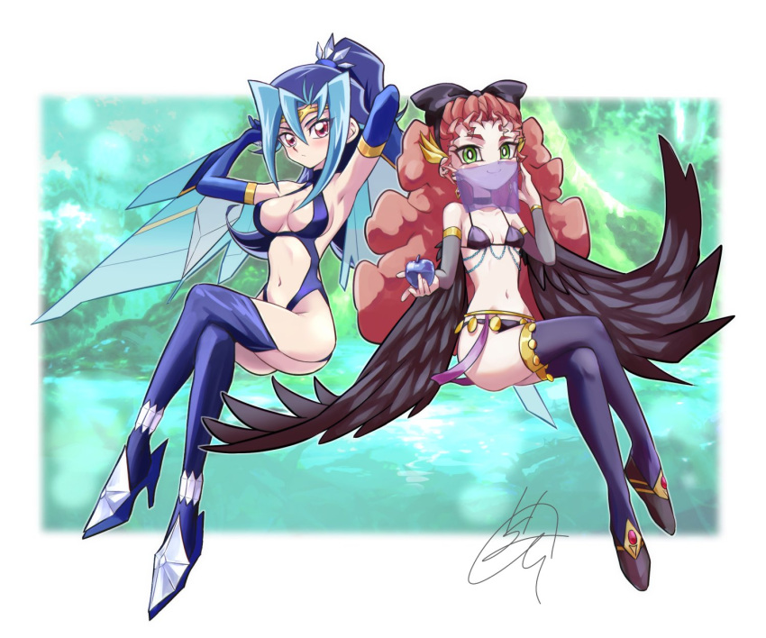 2girls adapted_costume apple arms_behind_head bikini black_feathers blizzard_falcon blizzard_falcon_(cosplay) blue_apple blue_background blue_hair breasts character_name chaya_mago choker cleavage commentary_request commission cosplay crossed_legs elbow_gloves feathers floating food fruit garter_straps gloves green_eyes harpie_dancer harpie_dancer_(cosplay) harpie_queen harpie_queen_(cosplay) high_heels highres hochun_mieru holding holding_food holding_fruit kamishiro_rio large_breasts long_hair midriff mouth_veil multiple_girls navel ponytail red_eyes red_hair revealing_clothes signature sitting skeb_commission stomach swimsuit thighhighs veil winged_arms wings yu-gi-oh! yu-gi-oh!_arc-v yu-gi-oh!_zexal