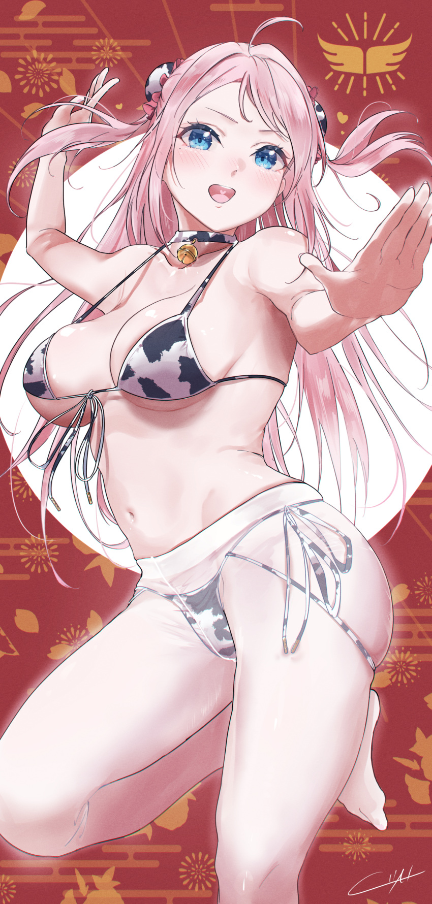 1girl :d absurdres ahoge animal_print arm_up artist_name bare_arms bare_shoulders bell bikini blue_eyes blush breasts bun_cover collarbone commentary_request commission cow_print egasumi fighting_stance fingernails floating_hair floral_background foot_out_of_frame front-tie_bikini_top front-tie_top halterneck hand_up heart heart_in_mouth highres jingle_bell kuziaaizuk leg_up long_hair looking_at_viewer love_live! love_live!_nijigasaki_high_school_idol_club medium_breasts mole mole_under_eye multi-strapped_bikini multi-strapped_bikini_bottom navel neck_bell no_shoes open_mouth outstretched_arm pantyhose pink_hair print_bikini red_background side-tie_bikini_bottom signature skeb_commission smile solo standing standing_on_one_leg stomach strap_gap swept_bangs swimsuit teeth two_side_up upper_teeth_only v-shaped_eyebrows white_bikini white_pantyhose zhong_lanzhu