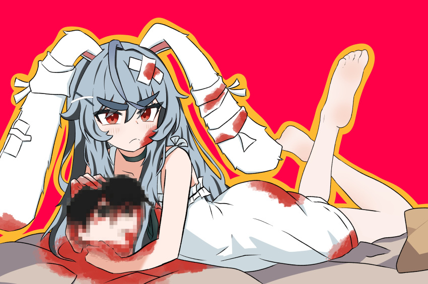 1girl absurdres ahoge animal_ears bandages black_choker blood blood_on_clothes blood_on_face blood_stain blue_hair blush censored choker dress hair_between_eyes hair_ornament highres holding indie_virtual_youtuber legs_up light_blue_hair long_hair lop_rabbit_ears lying mosaic_censoring noiriririri on_stomach outline para_(vtuber) pout rabbit_ears red_background red_eyes spaghetti_strap sundress tareme the_pose thick_eyebrows very_long_hair virtual_youtuber white_dress x_hair_ornament yellow_outline