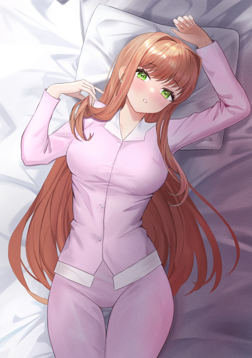 1girl absurdres blush breasts brown_hair buttons collared_shirt doki_doki_literature_club green_eyes highres large_breasts long_hair long_sleeves looking_at_viewer lying monika_(doki_doki_literature_club) on_back open_mouth pants pillow pink_nails pink_pants pink_shirt shirt solo thighs yami_(rear4742)