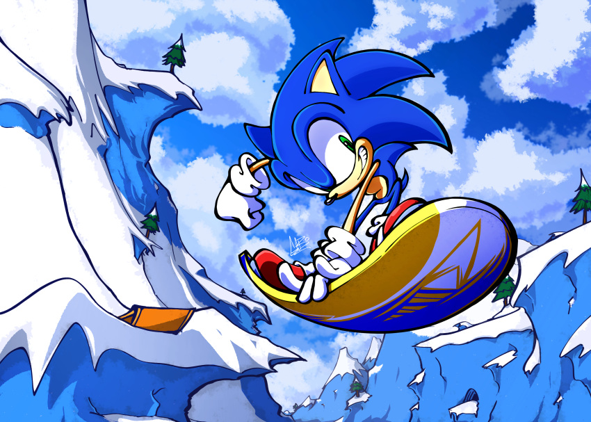 2022 absurd_res anthro clothing cloud day eulipotyphlan footwear gabo_rabo gloves handwear hedgehog hi_res male mammal plant sega smile snow snowboard snowboarding solo sonic_the_hedgehog sonic_the_hedgehog_(series) tree