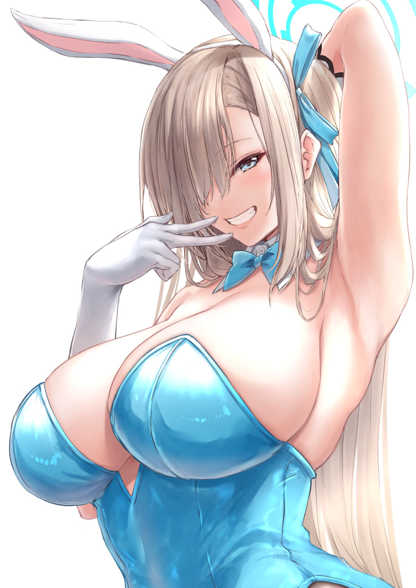 1girl absurdres animal_ears aqua_leotard aqua_ribbon arm_up armpits asuna_(blue_archive) asuna_(bunny)_(blue_archive) blonde_hair blue_archive blue_eyes blue_halo blush breasts detached_collar elbow_gloves fake_animal_ears gloves grin hair_ornament hair_over_one_eye hair_ribbon hairband halo highres large_breasts leotard long_hair official_alternate_costume one_eye_covered parted_lips playboy_bunny rabbit_ears ribbon simple_background smile solo suien teeth upper_body white_background white_gloves white_hairband