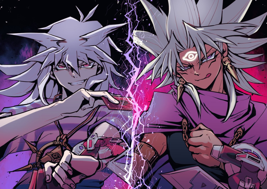 2boys :q brown_hair clenched_teeth commentary_request dark-skinned_male dark_skin duel_disk grey_hair lightning male_focus millennium_ring multiple_boys purple_eyes red_eyes smile spiked_hair teeth tongue tongue_out upper_body yagamikan yami_bakura yami_marik yu-gi-oh! yu-gi-oh!_duel_monsters