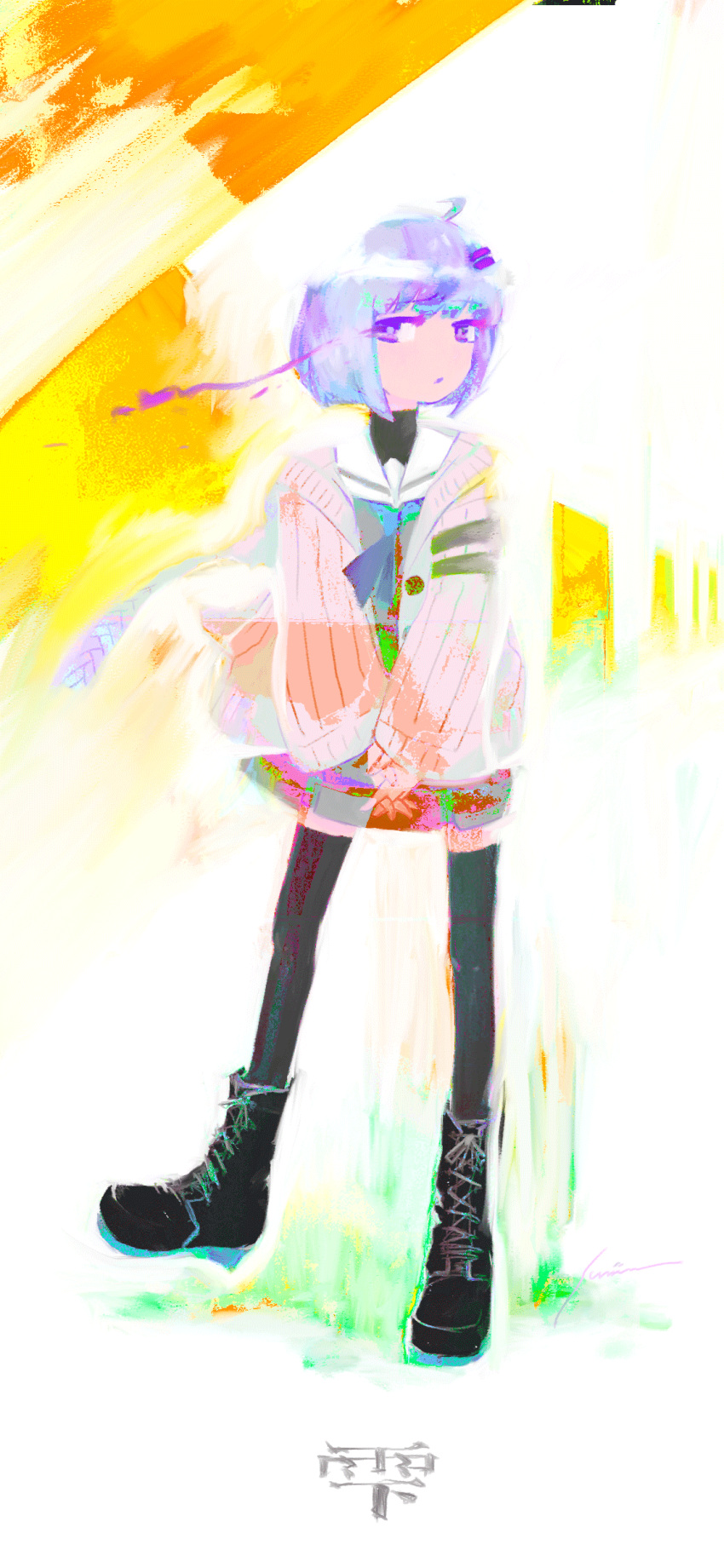 1girl a.i._voice abstract_background absurdres ahoge black_footwear black_thighhighs black_undershirt bob_cut boots cardigan character_name colorful commentary cross-laced_footwear expressionless full_body grey_shirt grey_skirt hair_ornament hairclip half-closed_eyes highres interlocked_fingers light_purple_hair long_sleeves looking_at_viewer multicolored_background neckerchief open_cardigan open_clothes own_hands_together pink_cardigan pleated_skirt purple_eyes sailor_collar school_uniform serafuku shirt short_hair signature skirt solo standing standing_on_one_leg sumiism thighhighs translated v_arms voiceroid white_sailor_collar yuzuki_yukari yuzuki_yukari_(shizuku)