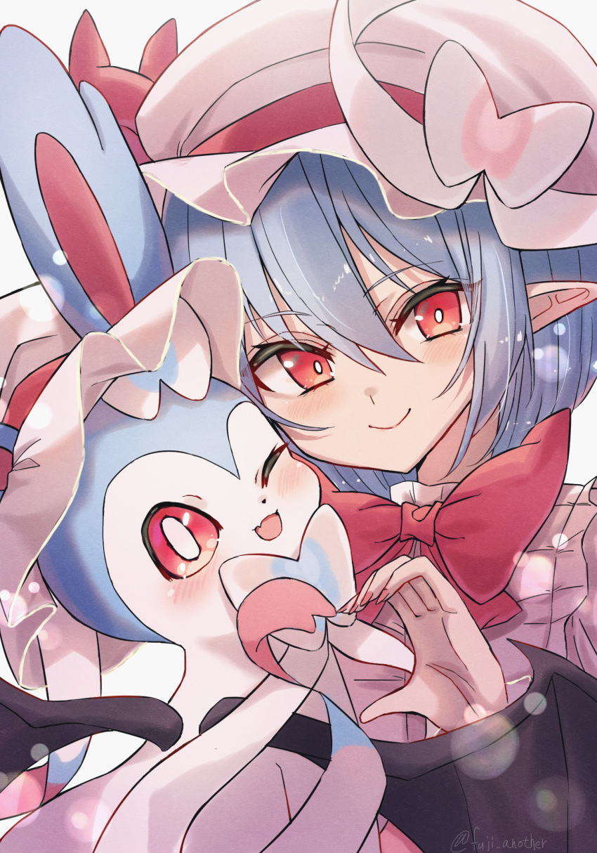 1girl ;d bow bowtie bright_pupils closed_mouth commentary_request grey_hair hat hat_ribbon heart heart_hands heart_hands_duo highres katsukare looking_at_viewer mob_cap one_eye_closed open_mouth pink_headwear pointy_ears pokemon pokemon_(creature) red_bow red_bowtie red_eyes red_ribbon remilia_scarlet ribbon short_hair simple_background smile sylveon touhou upper_body white_background white_pupils