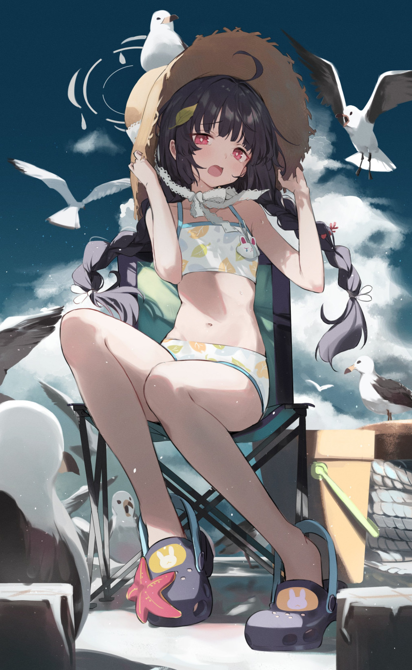 1girl absurdres ahoge bare_shoulders bird black_hair blue_archive blush bow braid bucket cloud commentary crocs full_body hair_ornament halo hands_on_headwear hat highres lace leaf_hair_ornament leaf_print long_hair looking_at_viewer midriff miyu_(swimsuit)_(blue_archive) navel on_chair open_mouth pier rabbit rope seagull sidelocks sitting sky starfish straw_hat swimsuit timo_wei95 twin_braids very_long_hair white_bow