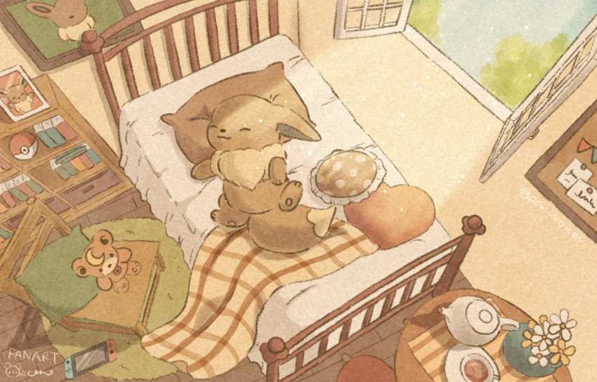 :3 bedroom blanket book bookshelf bulletin_board chair closed_eyes closed_mouth commentary_request cup day ears_down eevee flower frilled_pillow frills handheld_game_console heart heart_pillow highres indoors light_particles light_rays lying mian_(user_kwcj2833) nintendo_switch no_humans on_back open_window paper picture_frame pillow poke_ball poke_ball_(basic) pokemon pokemon_(creature) polka_dot_pillow rug saucer signature sleeping smile stuffed_animal stuffed_toy table tea teacup teapot teddiursa teddy_bear vase white_flower window wooden_floor yellow_flower