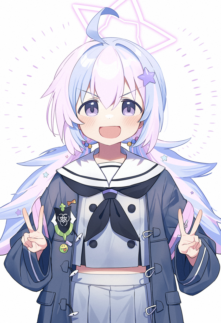 1girl :d black_coat black_neckerchief blue_archive blue_hair blush coat commentary_request double_v hair_ornament halo highres long_hair long_sleeves looking_at_viewer low_twintails multicolored_hair neckerchief open_clothes open_coat open_mouth pink_hair purple_eyes reisa_(blue_archive) sailor_collar school_uniform serafuku skirt smile solo star_(symbol) star_hair_ornament star_halo twintails two-tone_hair v wagashi928 white_sailor_collar white_serafuku white_skirt