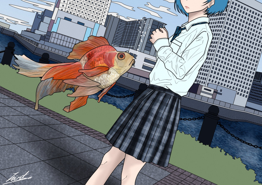 1girl animal blue_bow blue_bowtie blue_hair blue_nails bow bowtie chain-link_fence city cityscape cloud cloudy_sky dutch_angle feet_out_of_frame fence fish floating goldfish grass highres hirt_5 original outdoors plaid plaid_skirt pleated_skirt shirt short_hair signature skirt sky solo water white_shirt