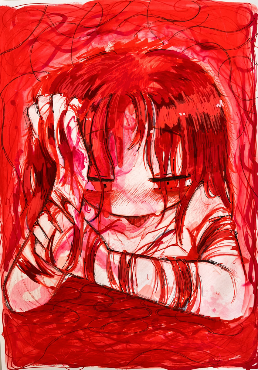 1girl absurdres arm_rest bad_hands bags_under_eyes blood blood_on_arm blood_on_chest blood_on_face blush closed_mouth commentary crying crying_with_eyes_open dot_mouth edanoma_meu english_commentary half-closed_eyes hand_on_own_forehead hand_on_own_head highres long_hair nose_blush nude original red_background red_eyes red_hair red_theme scar scar_on_arm scratching scratching_arm self_harm solo tears