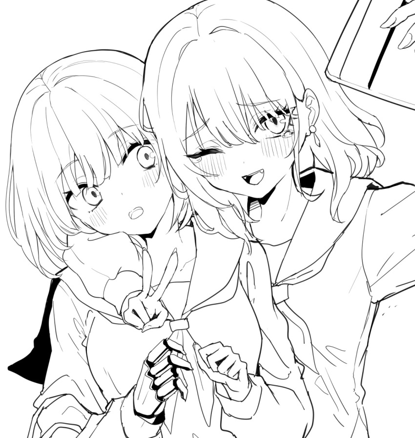 2girls ;d arm_around_neck arm_around_shoulder blush cellphone fang highres holding holding_phone long_sleeves multiple_girls one_eye_closed original phone piripun prosthesis prosthetic_arm puffy_long_sleeves puffy_sleeves sailor_collar school_uniform selfie serafuku shirt simple_background sleeves_past_wrists smile tears upper_body white_background