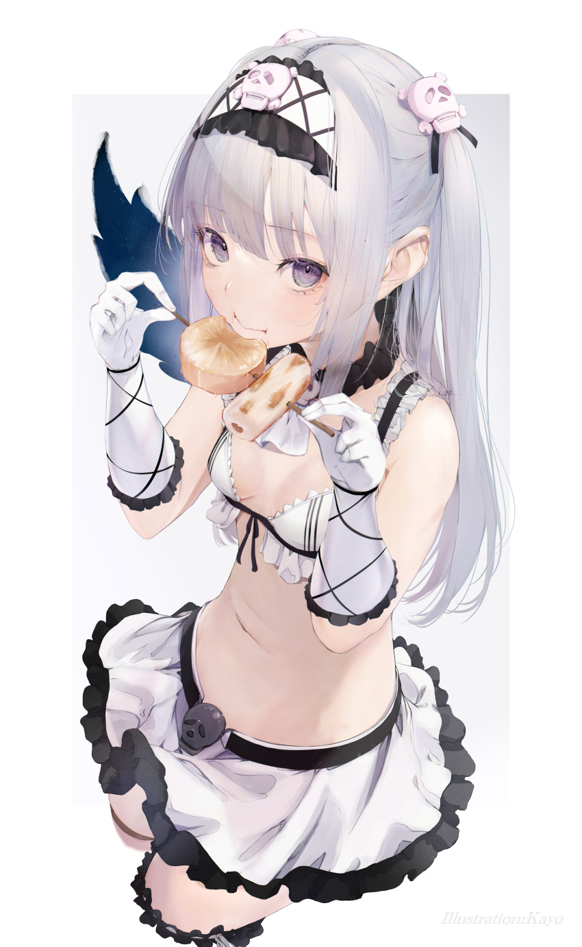 1girl :i absurdres bare_shoulders breasts chunithm closed_mouth commentary_request eating elbow_gloves food food_request frilled_hairband frilled_skirt frills gloves grey_background grey_eyes grey_hair hair_ornament hairband highres holding holding_food kisaragi_yaya long_hair looking_at_viewer navel skirt skull_hair_ornament small_breasts solo two-tone_background very_long_hair white_background white_gloves white_hairband white_skirt