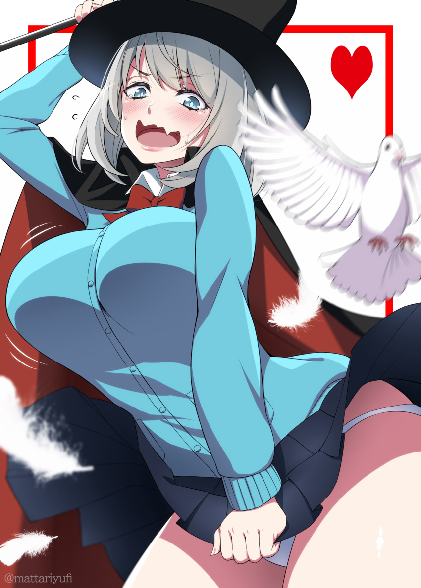 1girl assistant_(tejina_senpai) bird blue_eyes blue_sweater blurry blush bokeh breasts commentary_request depth_of_field dove fang feathers flying_sweatdrops grey_hair heart highres holding holding_wand huge_breasts looking_at_viewer mattari_yufi open_mouth panties pantyshot pleated_skirt short_hair skirt skirt_hold solo sweater tejina_senpai tejina_senpai_(series) underwear wand