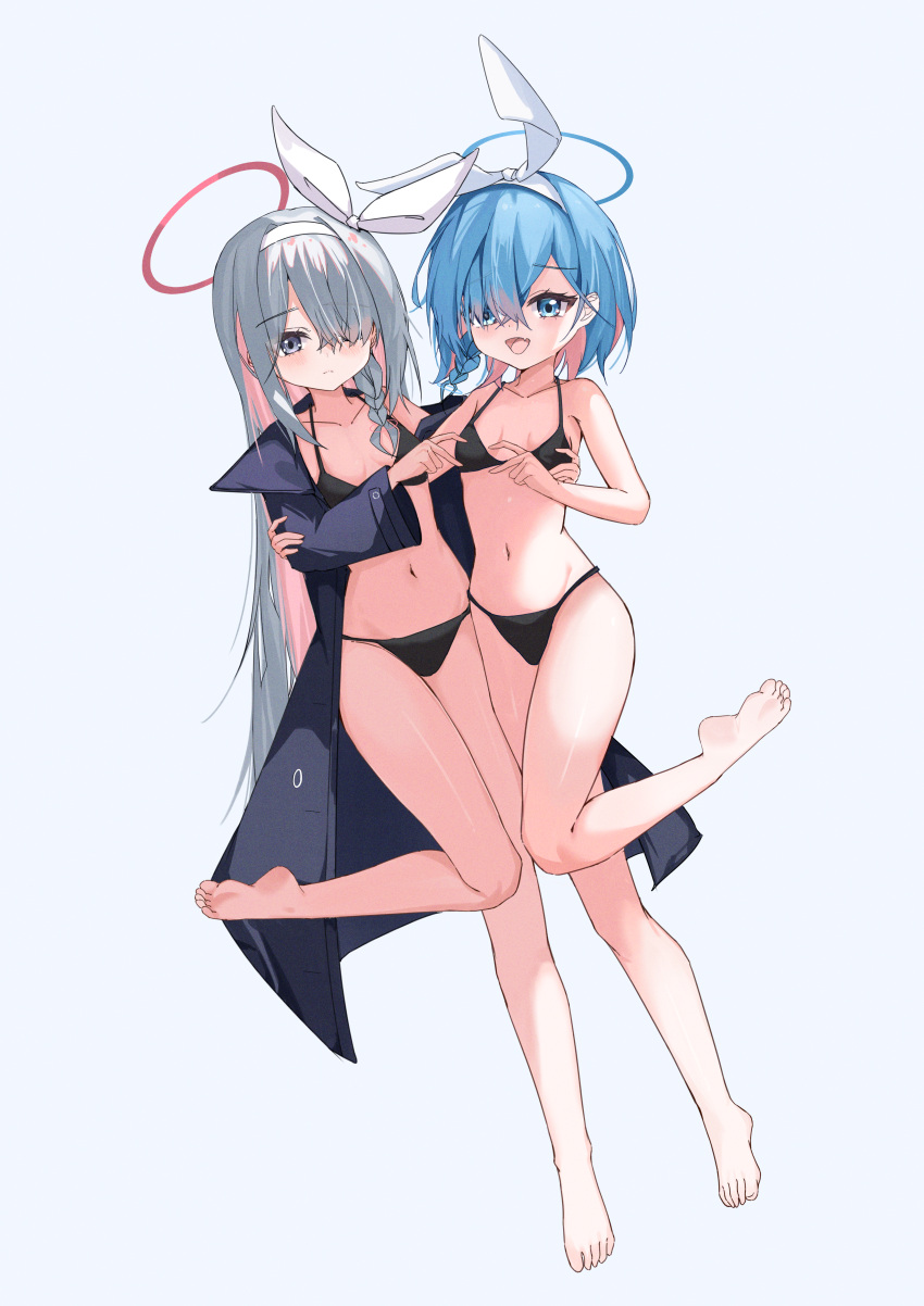 2girls absurdres alternate_costume arona_(blue_archive) bikini black_bikini blue_archive blue_eyes blue_hair blue_halo blue_jacket blush bow braid breasts closed_mouth collarbone colored_inner_hair commentary dutch_angle eyelashes fang feet full_body grey_background grey_eyes hair_bow hair_over_one_eye hairband halo highres jacket kakyouin2002 legs long_sleeves multicolored_hair multiple_girls navel open_clothes open_jacket pink_hair pink_halo plana_(blue_archive) shiny_skin simple_background skin_fang small_breasts soles standing standing_on_one_leg stomach swimsuit thighs toenails toes white_bow white_hairband