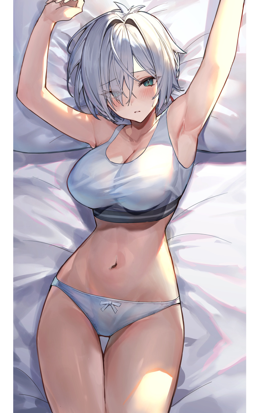 1girl absurdres armpits arms_up bare_arms bare_shoulders blush bow bow_panties breasts cleavage commentary_request cowboy_shot green_eyes grey_hair hair_intakes highres kabi_(zcwd8845) large_breasts lying navel on_back original paid_reward_available panties parted_lips pillow short_hair sleeveless solo stomach thigh_gap thighs underwear white_panties