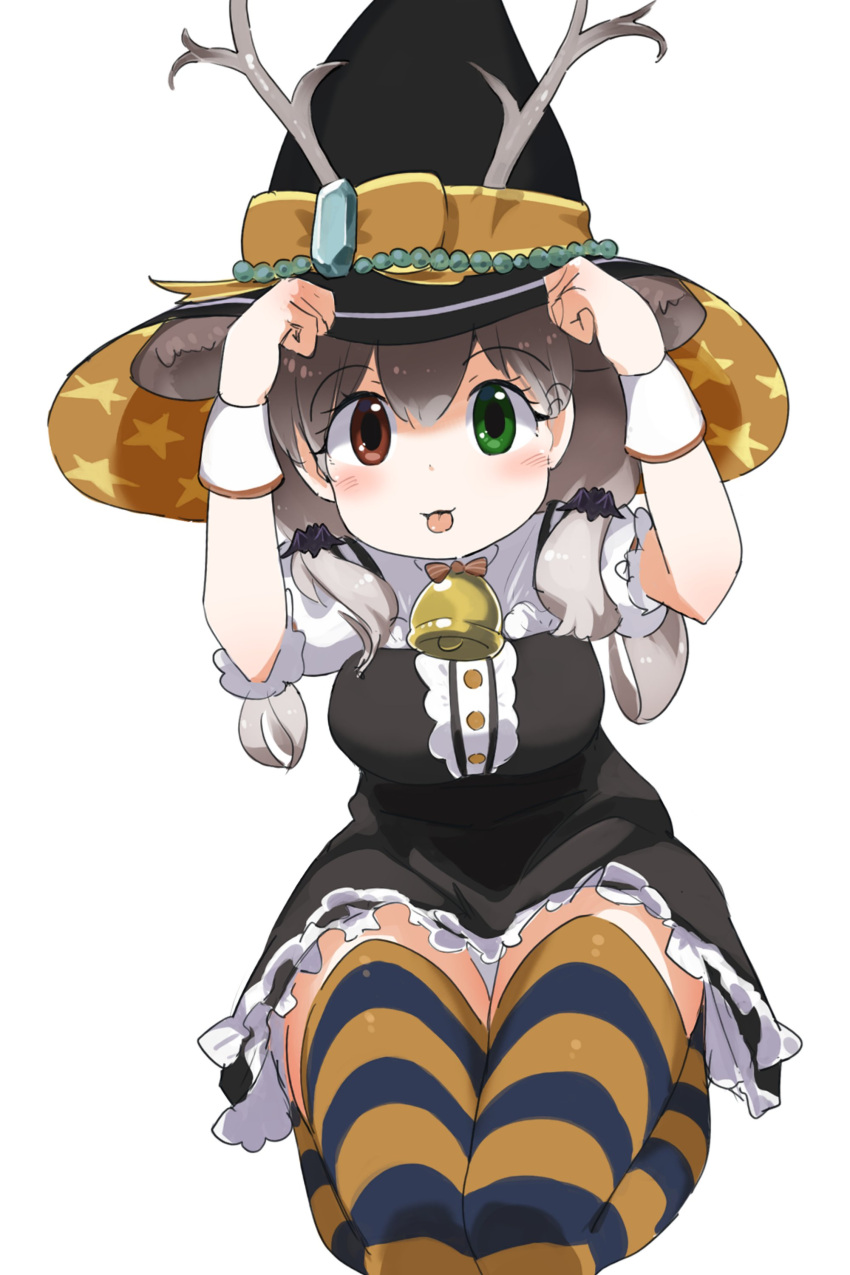 1girl :p absurdres animal_ears antlers bell black_dress blush bow bowtie brown_hair center_frills deer_ears dress extra_ears frilled_dress frills green_eyes halloween hat heterochromia highres iwa_(iwafish) kemono_friends kemono_friends_3 looking_at_viewer multicolored_hair neck_bell official_alternate_costume orange_thighhighs puffy_short_sleeves puffy_sleeves purple_thighhighs red_bow red_bowtie red_eyes reindeer_(kemono_friends) reindeer_antlers reindeer_girl shirt short_sleeves sitting solo striped striped_thighhighs thighhighs tongue tongue_out twintails white_shirt witch witch_hat wrist_cuffs zettai_ryouiki