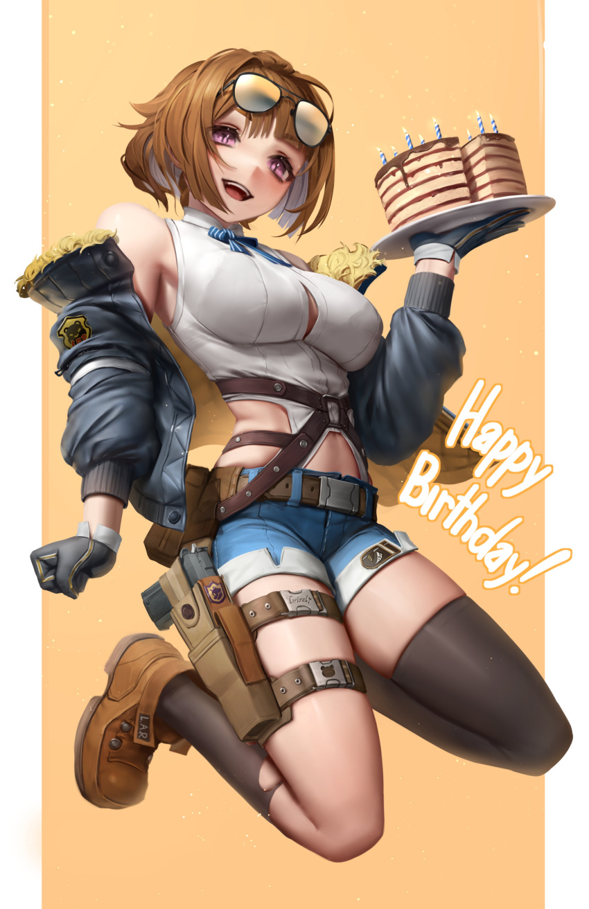 1girl absurdres asymmetrical_legwear birthday_cake black_gloves black_jacket black_socks boots breasts brown_footwear brown_hair cake candle commission denim denim_shorts eyewear_on_head food fur-trimmed_jacket fur_trim girls'_frontline gloves grizzly_mkv_(girls'_frontline) grizzly_win_mag gun handgun happy_birthday highres holster holstered jacket kneeling large_breasts looking_at_viewer numanoan open_clothes open_jacket orange_background plate short_hair shorts single_sock single_thighhigh socks sunglasses thigh_holster thighhighs torn_clothes torn_socks two-tone_background weapon white_background