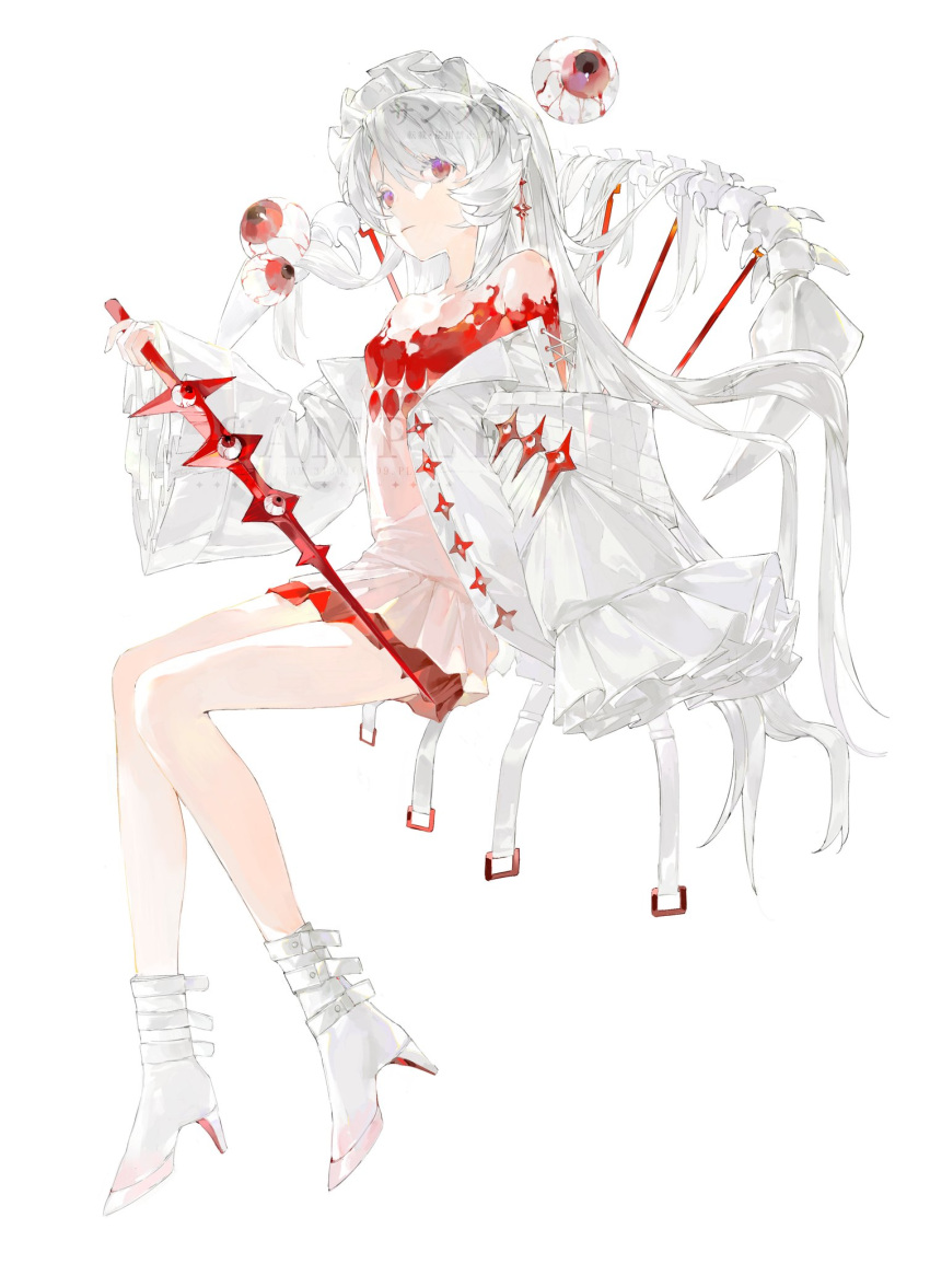 1girl baifeidaiwang blood bloodshot_eyes disembodied_eye dress eyeball frilled_dress frilled_headwear frilled_sleeves frills full_body hair_ornament high_heels highres holding holding_sword holding_weapon jacket long_hair looking_to_the_side maid_headdress off-shoulder_jacket off_shoulder original parted_bangs pink_dress pink_eyes sidelocks sitting spine strap sword thighs very_long_hair watermark weapon white_background white_footwear white_hair white_jacket wide_sleeves