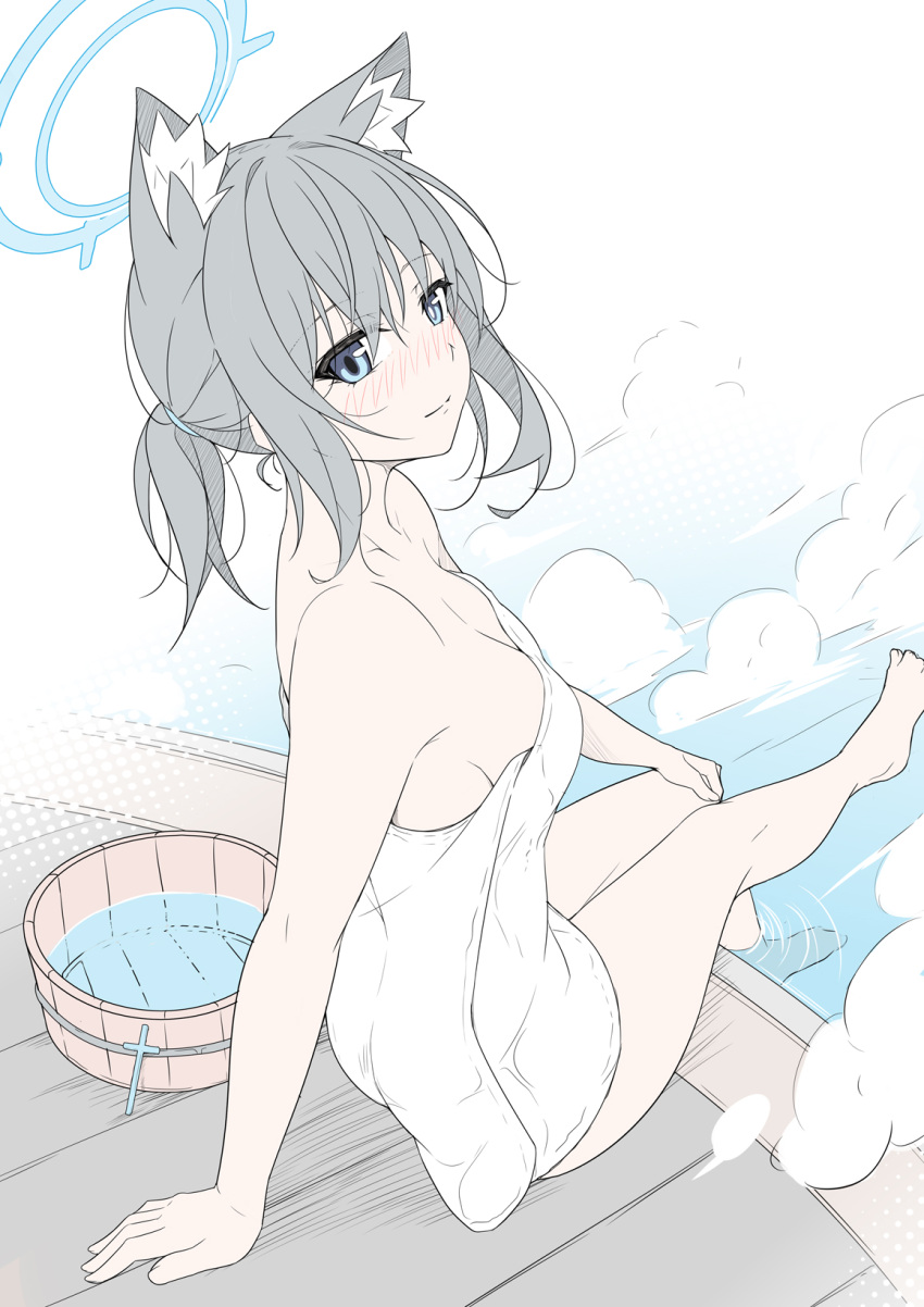 1girl animal_ear_fluff animal_ears bare_shoulders barefoot blue_archive blue_eyes blue_halo blush breasts bucket cleavage closed_mouth collarbone cross_hair_ornament from_above hair_ornament hair_ornament_removed halo highres looking_at_viewer masabodo medium_breasts naked_towel shiroko_(blue_archive) sitting smile solo steam thighs toes towel water
