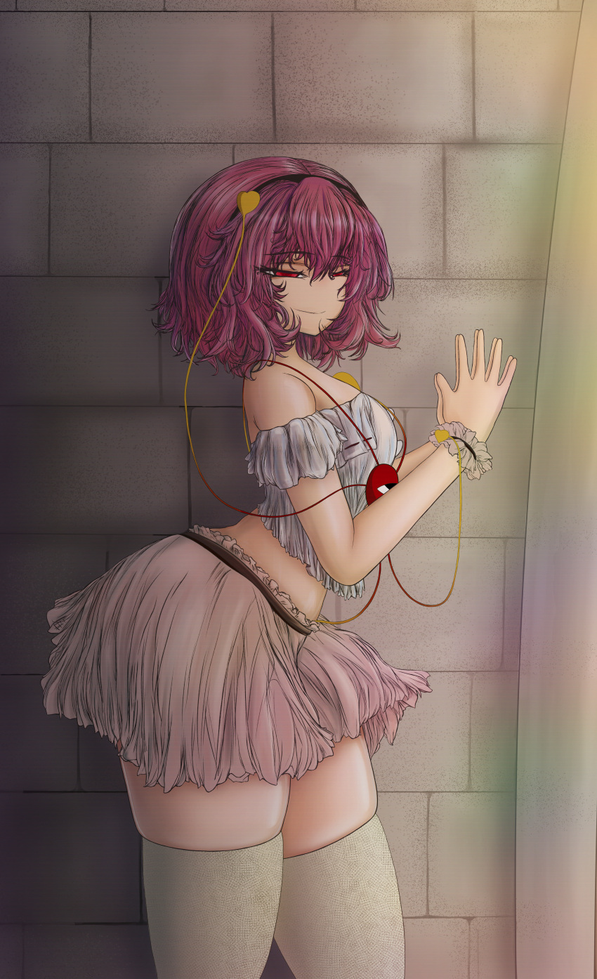 1girl absurdres bare_shoulders brick_wall clothing_request from_side hairband half-closed_eyes highres komeiji_satori looking_at_viewer own_hands_together purple_hair red_eyes scrunchie short_hair skirt tagme thelok45 thighhighs thighs touhou white_scrunchie white_thighhighs wrist_scrunchie
