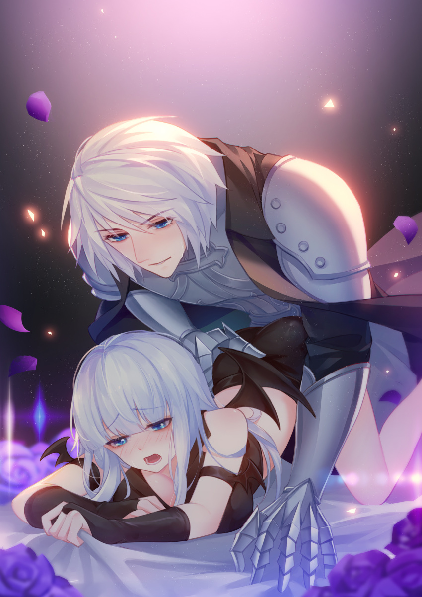 1boy 1girl absurdres armor artist_request bare_legs bed_sheet blue_eyes blush boy_on_top demon_wings falling_petals fingerless_gloves flower gloves glowing highres jiu_yue_(tou_xing_jiuyue_tian) light long_hair open_mouth petals purple_flower purple_rose rose second-party_source sexually_suggestive shi_yue_(tou_xing_jiuyue_tian) short_hair tou_xing_jiuyue_tian upper_body white_hair wings