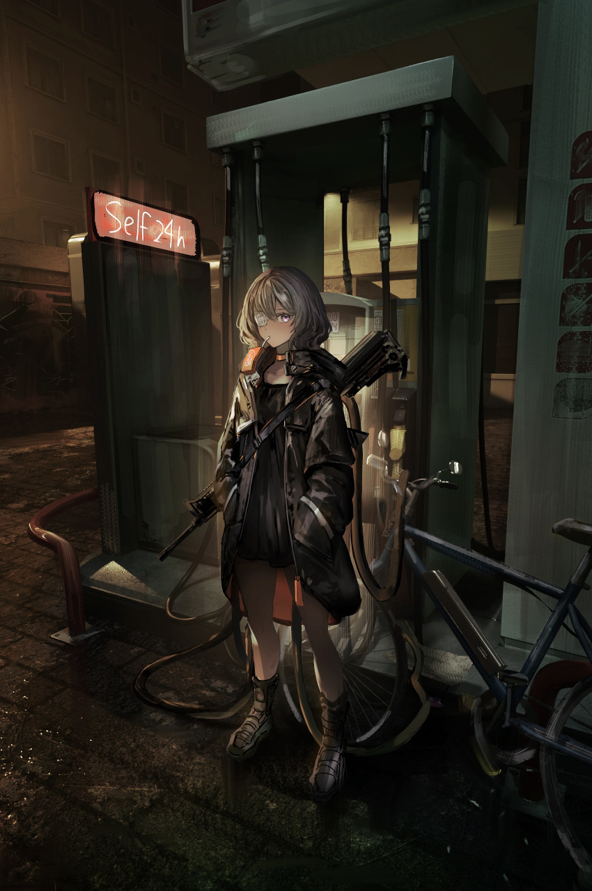 1girl absurdres assault_rifle bandage_over_one_eye bicycle black_dress black_jacket choker dress drinking_straw gas_pump gas_station gawako grey_hair gun hands_in_pockets highres jacket juice_box medium_hair original outdoors purple_eyes rifle standing weapon weapon_behind_back