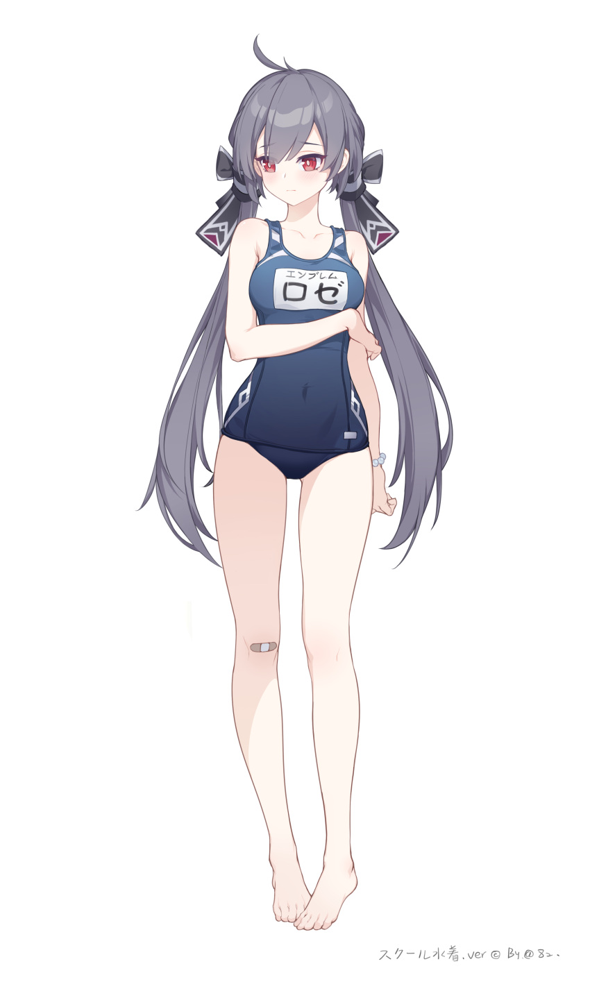 1girl absurdres ahoge bandaid bandaid_on_knee bandaid_on_leg bare_arms bare_legs bare_shoulders barefoot blue_one-piece_swimsuit blush breasts closed_mouth commentary_request covered_navel full_body grey_hair hair_between_eyes highres long_hair looking_to_the_side low_twintails medium_breasts name_tag nhan old_school_swimsuit one-piece_swimsuit red_eyes school_swimsuit simple_background sky_striker_ace_-_roze solo swimsuit twintails very_long_hair white_background yu-gi-oh!