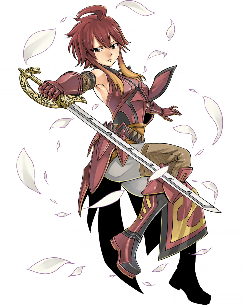1girl armor blonde_hair boots breastplate brown_eyes cutlass falling_petals full_body gate_of_nightmares gauntlets gradient_hair highres holding holding_sword holding_weapon knee_boots looking_at_viewer mashima_hiro medium_hair multicolored_hair official_art pants petals quinn_(gate_of_nightmares) red_footwear red_hair simple_background sleeveless solo sword transparent_background weapon white_pants