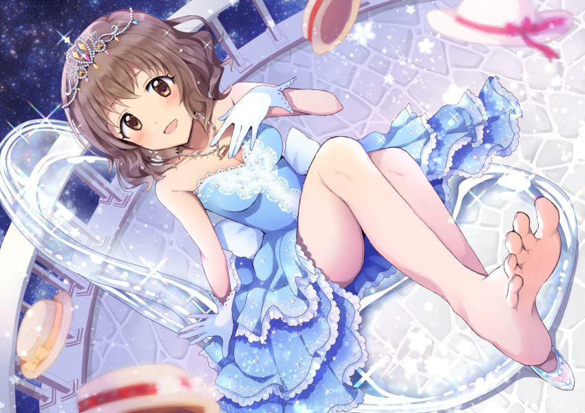 1girl balcony bare_shoulders barefoot blush breasts brown_eyes brown_hair cleavage dress frilled_dress frills glass_slipper gloves gum_(vivid_garden) hand_on_own_chest hat highres idolmaster idolmaster_cinderella_girls idolmaster_cinderella_girls_starlight_stage jewelry knees_up looking_at_viewer namiki_meiko necklace night open_mouth short_hair sitting smile solo star_(sky) thighs tiara transparent_seat