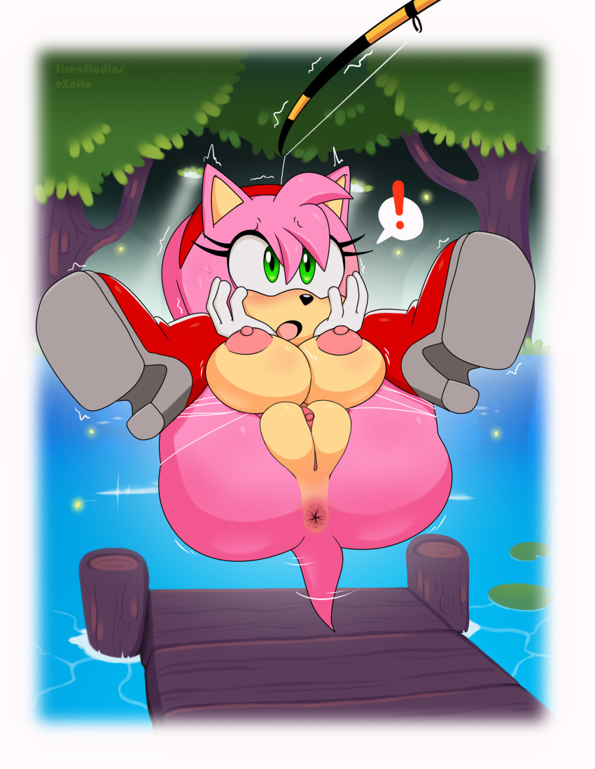 absurd_res amy_rose anus breasts excito female fishing_rod forest genitals hi_res lake plant pussy sega sirenstudios sonic_the_hedgehog_(series) tail tail_motion tailwag tree