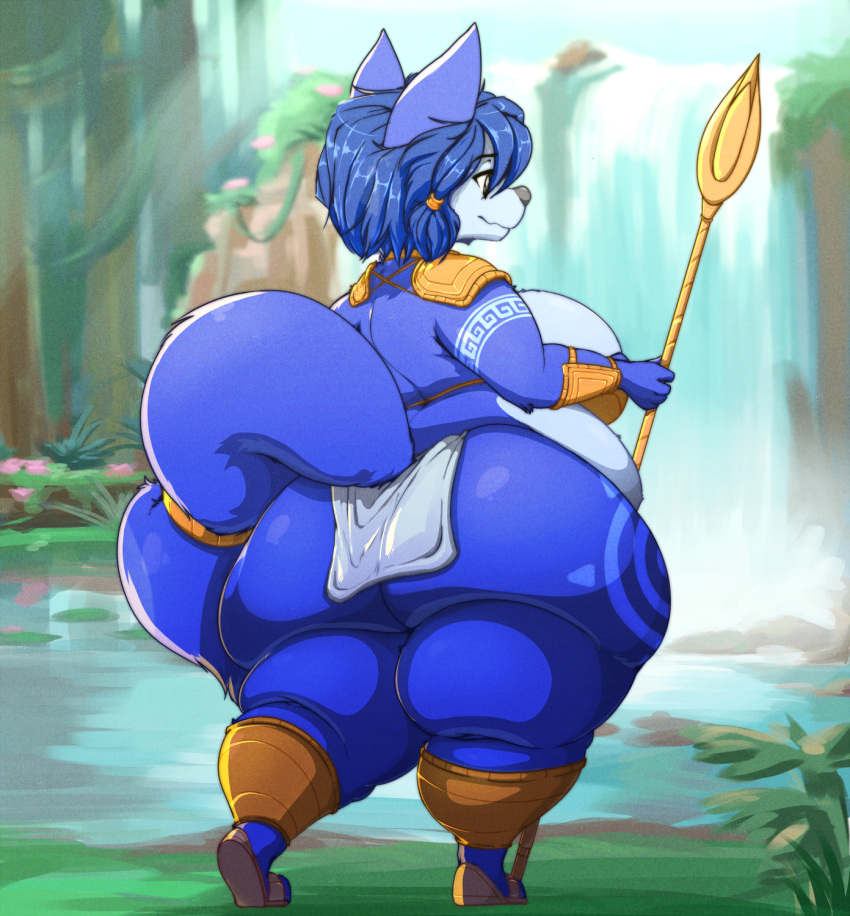 anthro big_breasts big_butt blue_body blue_fur blue_hair bottomwear breasts butt canid canine clothing female fluffy fluffy_tail fox fur garuda_six hair hi_res huge_breasts huge_butt huge_thighs krystal loincloth mammal melee_weapon nintendo overweight overweight_anthro overweight_female polearm rear_view solo spear star_fox tail thick_thighs weapon