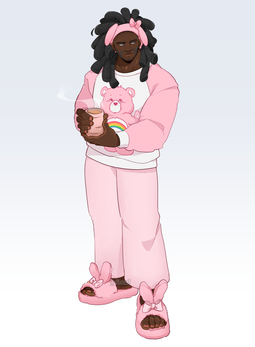 1boy absurdres black_hair blue_eyes cup dark-skinned_male dark_skin dreadlocks full_body guilty_gear guilty_gear_strive headband highres holding holding_cup long_hair long_sleeves looking_at_viewer male_focus mug muscular muscular_male nagoriyuki pajamas pants pink_footwear pink_headband pink_pajamas pink_pants pink_shirt shirt simple_background sleepwear standing tea ultineet