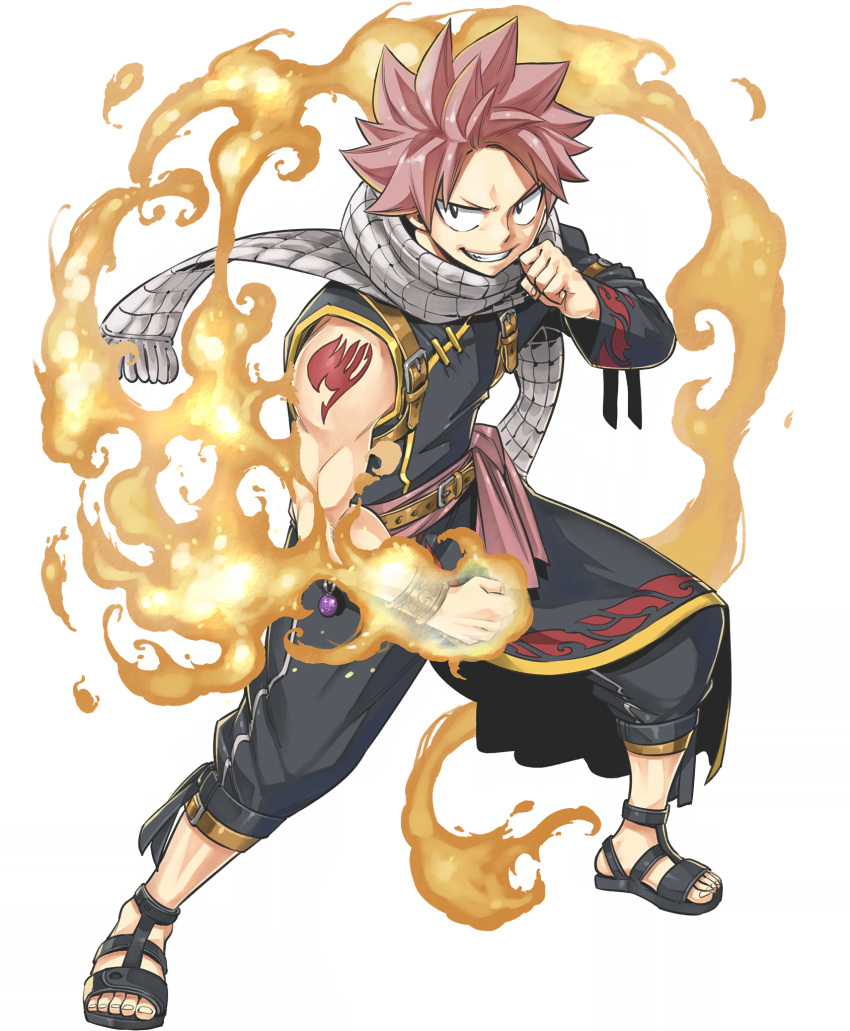 1boy belt black_footwear black_jacket black_pants brown_belt clenched_hand crossover fairy_tail fire full_body gate_of_nightmares highres jacket looking_at_viewer mashima_hiro natsu_dragneel official_art pants pink_hair sandals scarf short_hair shoulder_tattoo single_sleeve solo spiked_hair tattoo transparent_background white_scarf