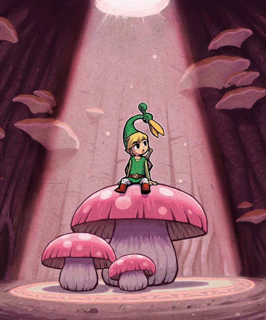 1boy belt blonde_hair brown_belt ezlo giant_mushroom green_headwear green_tunic highres link official_art open_mouth pointy_ears short_hair sitting sword sword_on_back the_legend_of_zelda the_legend_of_zelda:_the_minish_cap toon_link weapon weapon_on_back