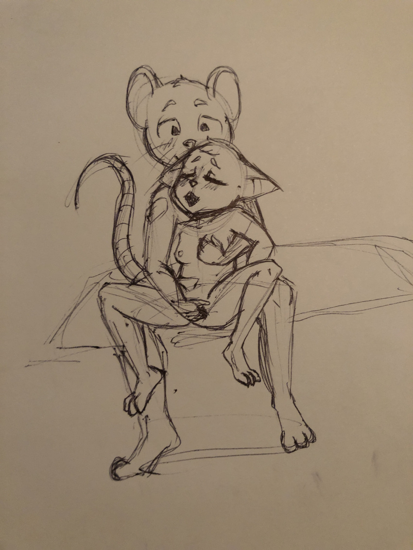 2019 absurd_res anthro bat blush breast_grab breasts domestic_cat duo eyebrows eyes_closed felid feline felis female fingering fingering_partner hand_on_breast hi_res hybrid larger_male looking_pleasured male male/female mammal mike_(sleepysheepy17) monochrome mouse murid murine nipples on_lap open_mouth pen_(artwork) rat rodent sex sitting size_difference sketch smaller_female sneplord tail traditional_media_(artwork) vaginal vaginal_fingering whiskers zulu_(sleepysheepy17)