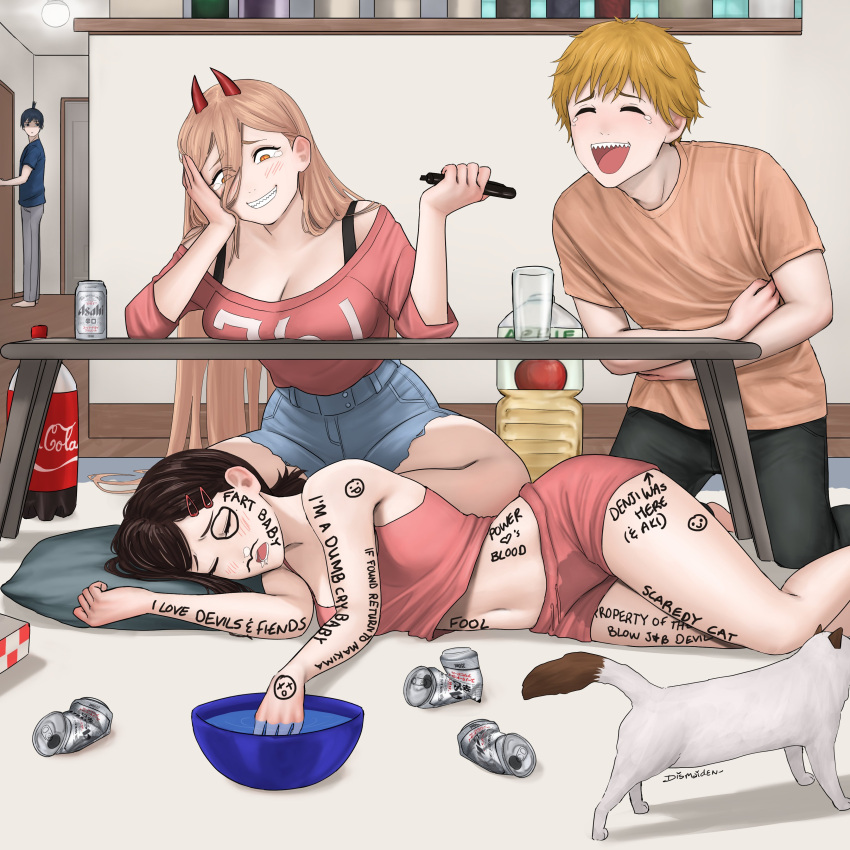 2boys 2girls absurdres beer_can black_hair black_pants body_writing bowl bra_strap breasts brown_hair can cat chainsaw_man cleavage cross-shaped_pupils crushed_can demon_girl denim denim_shorts denji_(chainsaw_man) dismaiden hair_ornament hairclip hayakawa_aki higashiyama_kobeni highres holding holding_marker horns indoors laughing lying marker meowy_(chainsaw_man) multiple_boys multiple_girls navel on_side open_mouth orange_shirt pants peeing peeing_self pillow pink_hair pink_shirt power_(chainsaw_man) red_horns sharp_teeth shirt shirt_tucked_in shorts soda_bottle symbol-shaped_pupils table teeth water