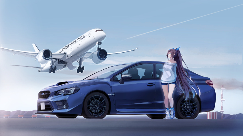 1girl absurdres adidas adidas_forum aircraft airplane airport black_hair blue_eyes blue_hair blue_socks breasts car cloud colored_tips commentary commission hair_behind_ear highres japan_airlines landing landing_gear long_hair looking_up medium_breasts motor_vehicle multicolored_hair off-shoulder_sweater off_shoulder original outdoors png_pant_(bus) shoes short_shorts shorts skeb_commission sky smoke sneakers socks standing subaru_(brand) subaru_impreza sweater vehicle_focus very_long_hair white_sweater wide_shot