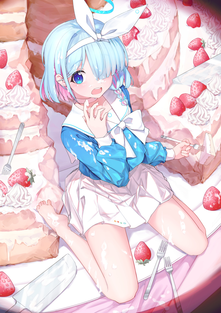 1girl absurdres arona_(blue_archive) bare_legs barefoot blue_archive blue_eyes blue_hair blue_halo blue_shirt blush bow bow_hairband braid cake choker colored_inner_hair commentary_request cream cream_on_face feet food food_on_face fork fruit hair_over_one_eye hairband halo hand_up highres holding holding_fork light_blue_hair looking_at_viewer miniskirt multicolored_hair neckerchief open_mouth pink_hair pleated_skirt sailor_collar shirt shirt_bow short_hair single_braid sitting skirt solo strawberry toes wariza white_choker white_hairband white_neckerchief white_sailor_collar white_skirt xy_wang