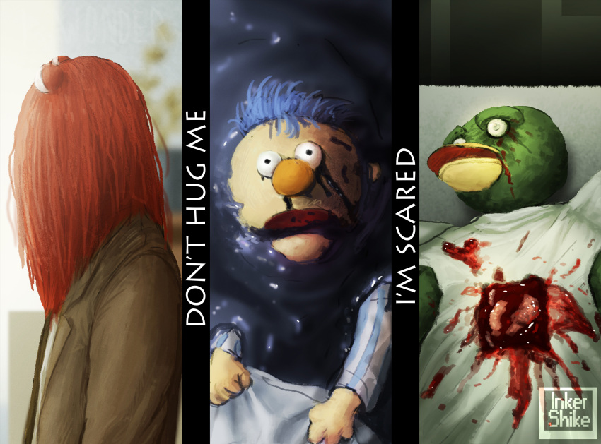 absurd_res ambiguous_gender anthro asphyxiation avian beak bird blood blood_on_face blue_hair bodily_fluids clothed clothing corpse death detailed don't_hug_me_i'm_scared drowning duck_guy_(dhmis) eyebrows fur gore green_body green_fur group guts hair hi_res human humanoid inker-shike intestines jacket lying mammal on_back on_model organs partially_submerged realistic red_guy_(dhmis) red_hair suit topwear trio yellow_body yellow_guy_(dhmis) yellow_skin
