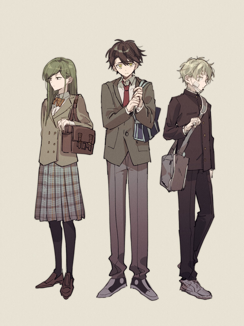 1girl 2boys :| alternate_costume arm_at_side bag bandage_on_face bandages black_footwear black_hair black_jacket black_pantyhose blazer blonde_hair blue_bag bow bowtie breast_pocket brown_bag brown_footwear buttons closed_mouth collared_jacket commentary double-breasted full_body gakuran green_hair grey_background grey_bag grey_footwear grey_jacket grey_pants grey_skirt hair_over_shoulder highres holding holding_bag jacket kagerou_project kano_shuuya kido_tsubomi lapels loafers long_sleeves looking_at_viewer looking_away looking_down looking_to_the_side loose_necktie mask mask_pull messy_hair mokemoke_chan mouth_mask multiple_boys muted_color necktie notched_lapels orange_bow orange_bowtie pants pantyhose pleated_skirt pocket purple_hair red_necktie school_bag school_uniform seto_kousuke shirt shoes short_hair shoulder_bag sideways_glance simple_background sketch skirt standing straight_hair surgical_mask two-tone_footwear unhappy white_mask white_shirt yellow_eyes