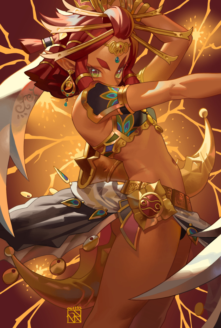 1girl armlet arms_up circlet covered_mouth dangle_earrings dark-skinned_female dark_skin dual_wielding earrings english_commentary fighting_stance gerudo gold_belt green_eyes hair_ornament hair_stick highres holding holding_sword holding_weapon jewelry lightning looking_at_viewer microskirt midriff navel paid_reward_available poch4n pointy_ears red_hair revealing_clothes riju scimitar sheath short_hair skirt solo sword the_legend_of_zelda the_legend_of_zelda:_breath_of_the_wild the_legend_of_zelda:_tears_of_the_kingdom thick_eyebrows weapon