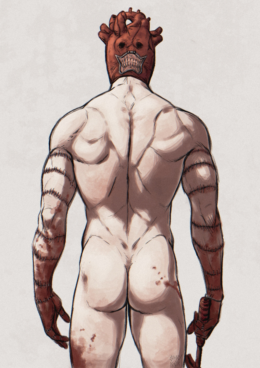 1boy absurdres ass back back_focus bara blood blood_on_weapon blood_stain completely_nude dorohedoro feet_out_of_frame from_behind highres male_focus mask muscular muscular_male nude shin_(dorohedoro) smokerichi solo stitches thighs weapon
