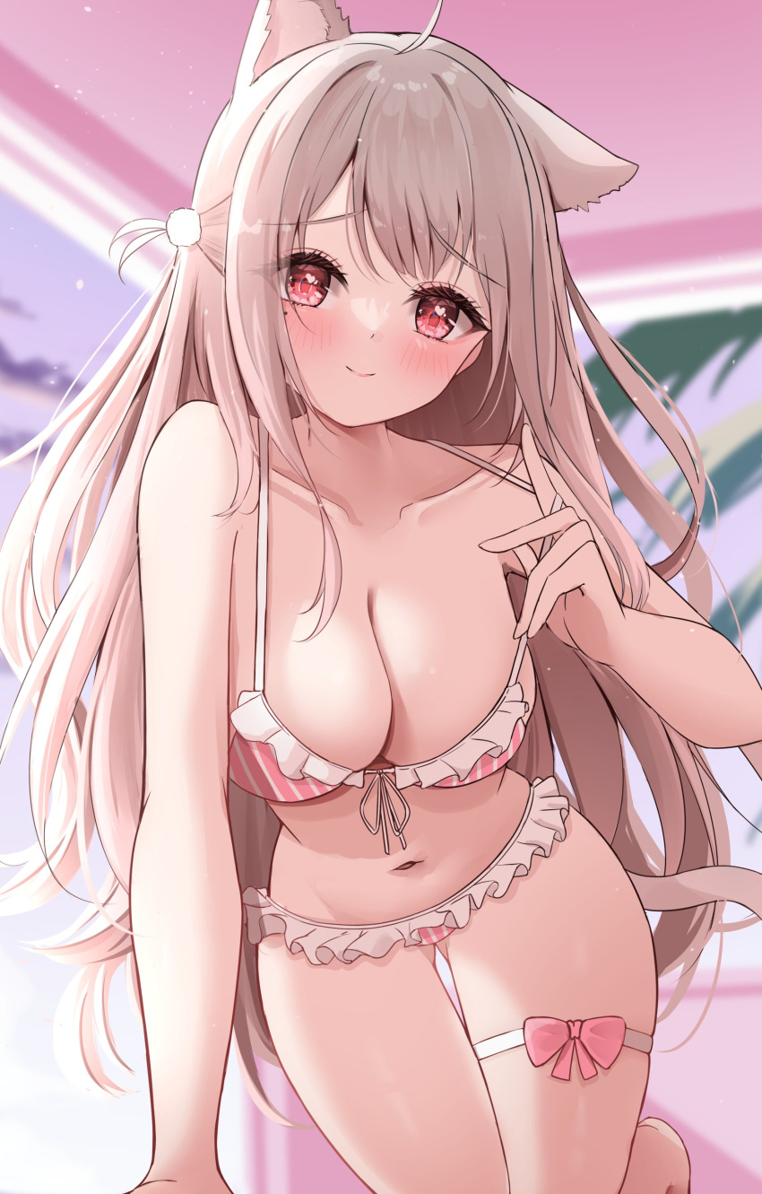 1girl absurdres ahoge all_fours animal_ears ass_visible_through_thighs balut_(7676i) bare_arms bare_shoulders bikini bikini_pull blurry blurry_background blush bow breasts brown_hair cat_ears cat_girl cat_tail cleavage closed_mouth clothes_pull collarbone ear_down eyelashes frilled_bikini frills front-tie_bikini_top front-tie_top furrowed_brow hair_between_eyes hair_ornament half_updo hand_up head_tilt highres indie_virtual_youtuber large_breasts leaning_forward light_brown_hair long_hair looking_at_viewer navel palm_tree pink_bikini pink_bow pom_pom_(clothes) pom_pom_hair_ornament pulled_by_self purple_sky red_eyes sky smile solo strap_pull string_bikini striped striped_bikini swimsuit tail thigh_bow thigh_gap thigh_strap tree uise_iu very_long_hair virtual_youtuber white_stripes