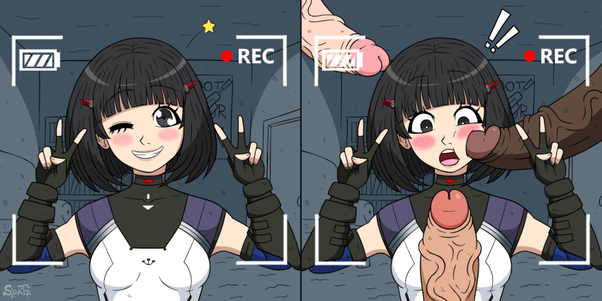1girl :o age_difference before_and_after black_eyes black_gloves black_hair blush bob_cut breasts camera cheek_press clothed_female_nude_male double_v gloves hair_ornament hairpin highres imminent_rape lin_lee_koo multiple_boys nose_blush nude one_eye_closed recording simple_background size_difference small_breasts smile surprised tight_clothes v xenoblade_chronicles_(series) xenoblade_chronicles_x